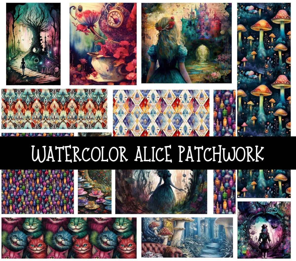 Watercolor Alice Doodle Patchwork Set